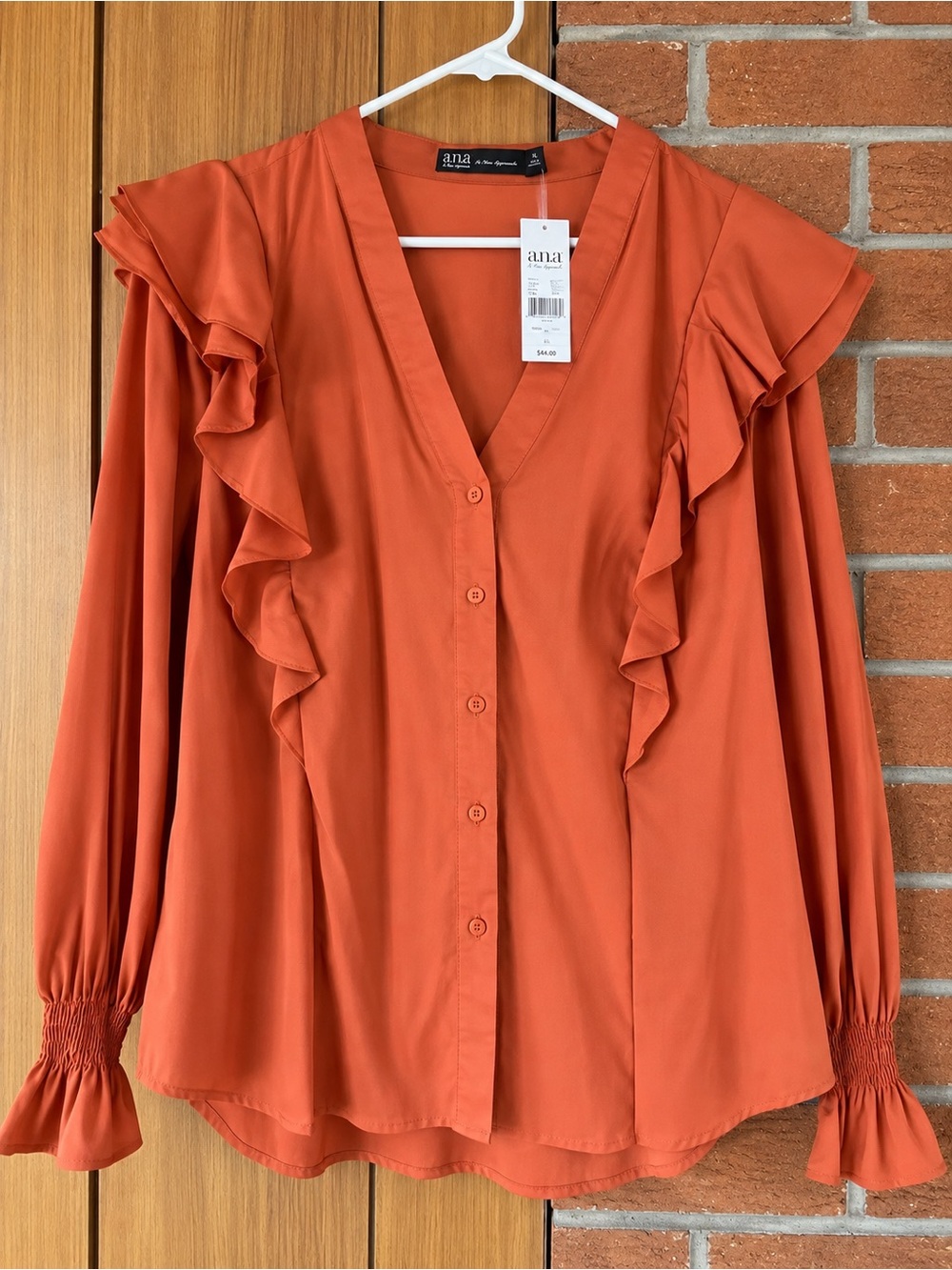 V-Neck Ruffle Button-Front Blouse - Burnt Orange